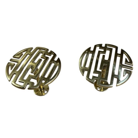 Vintage Brass Chinese Mun Shou Gold Curtain Tieback Holder - Set Of‎ Two